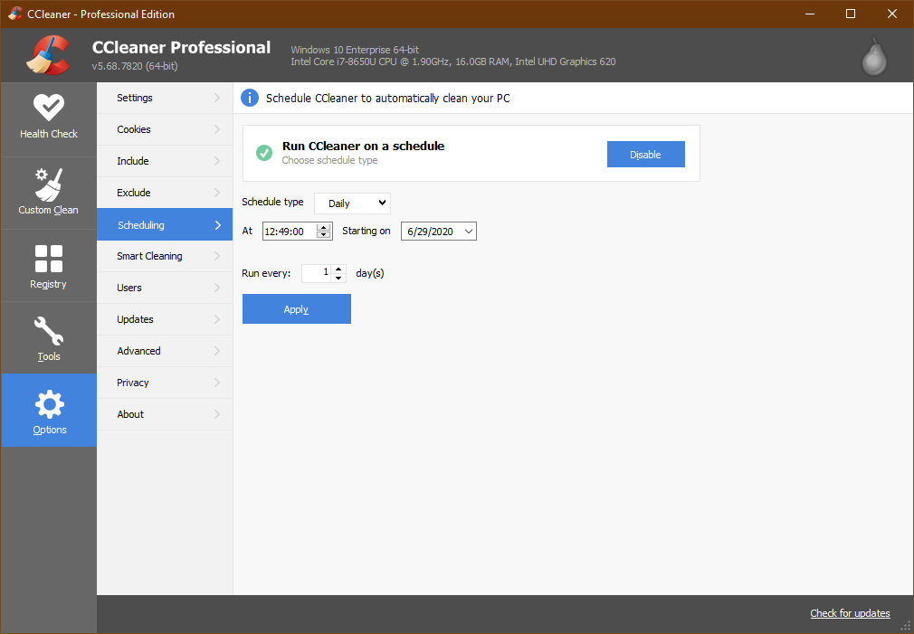 Scheduled Cleaning in CCleaner Professional