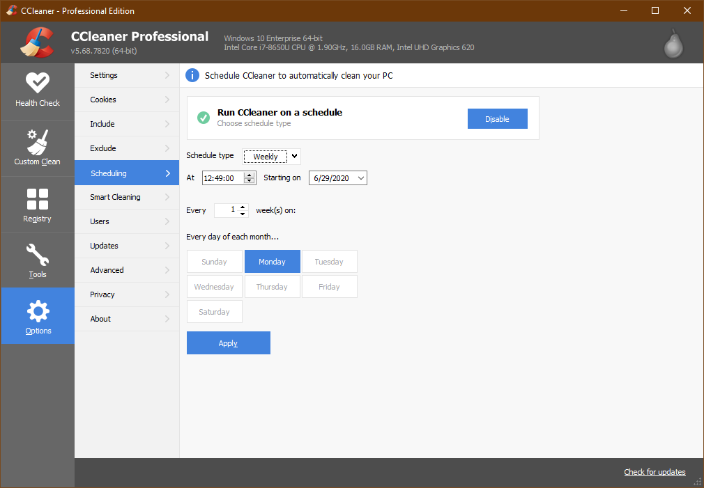 Scheduled Cleaning in CCleaner Professional