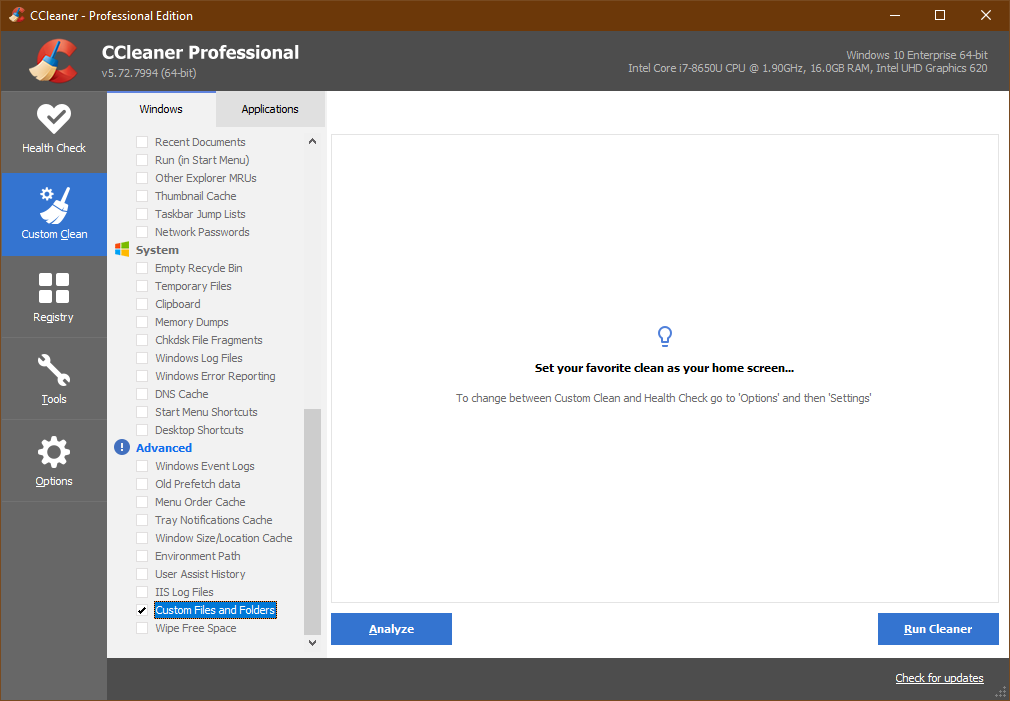 Select files and folders to clean with CCleaner for Windows
