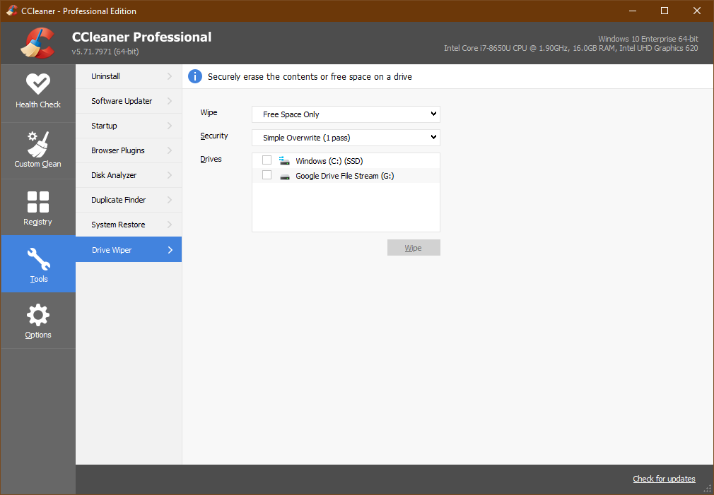 Using CCleaner's Drive Wiper