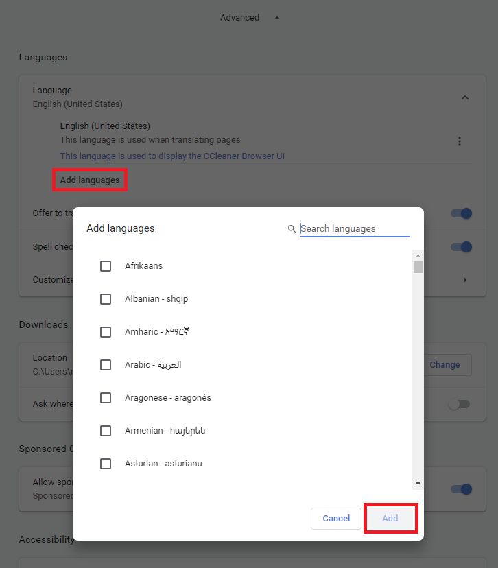 How do I change CCleaner Browser's language?